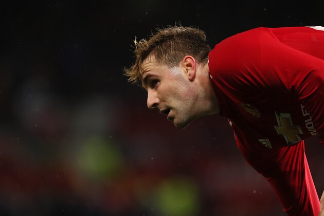 MANCHESTER, ENGLAND - MARCH 17: Luke Shaw of Manchester United during the FA Cup Quarter Final match between Manchester United and  Brighton & Hove Albion at Old Trafford on March 17, 2018 in Manchester, England. (Photo by Matthew Ashton - AMA/Getty Images)