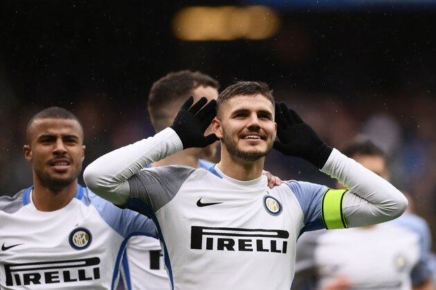 Inter Milan's forward Mauro Icardi from Argentina celebrates after scoring during the Italian Serie A football match Sampdoria Vs Inter Milan on March 18, 2018 at the 'Luigi Ferraris' stadium in Genoa. / AFP PHOTO / MARCO BERTORELLO        (Photo credit should read MARCO BERTORELLO/AFP/Getty Images)