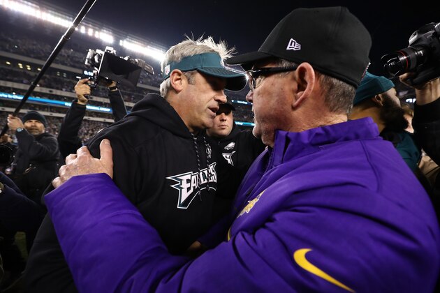 PHILADELPHIA, PA - JANUARY 21: Head Coach Doug Pederson of the Philadelphia Eagles  meets Head Coach Mike Zimmer of the Minnesota Vikings after winning 38-7 in the NFC Championship game at Lincoln Financial Field on January 21, 2018 in Philadelphia, Pennsylvania.  (Photo by Al Bello/Getty Images)