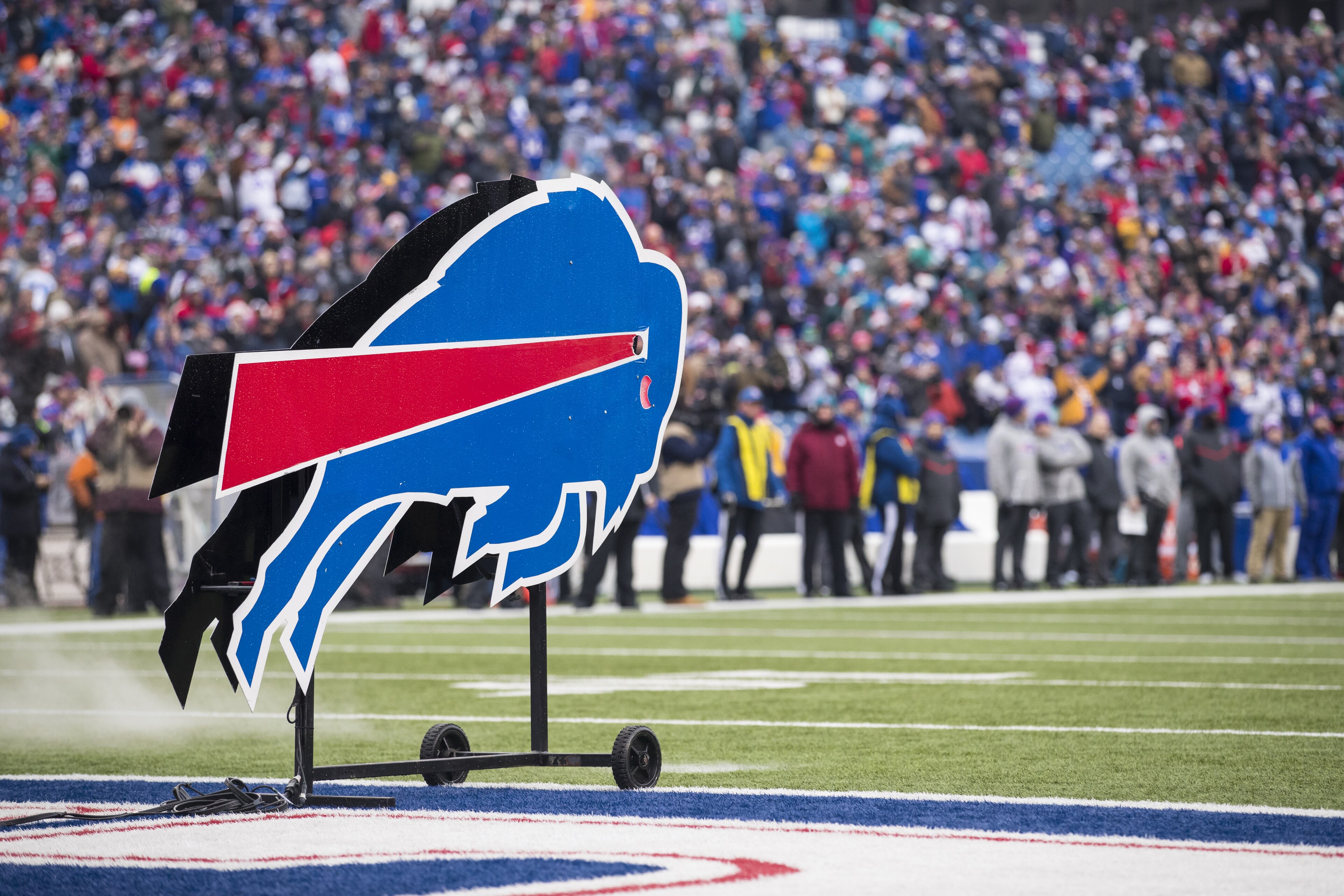 ORCHARD PARK, NY - DECEMBER 24:  The Buffalo Bills logo stands on the field before the game against the Miami Dolphins on December 24, 2016 at New Era Field in Orchard Park, New York. Miami defeats Buffalo 34-31 in overtime.  (Photo by Brett Carlsen/Getty Images) *** Local Caption ***