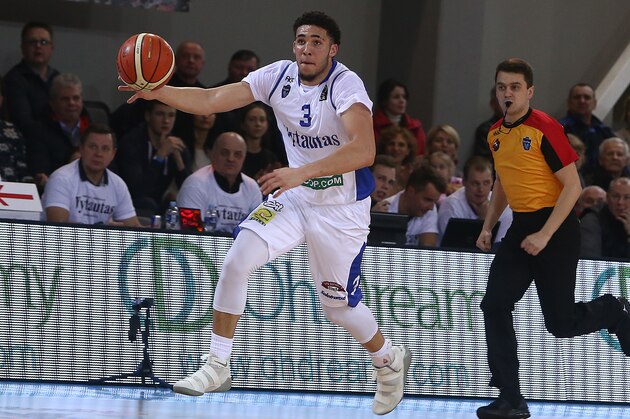 PRIENAI, LITHUANIA - JANUARY 09:  LiAngelo Ball of Vytautas Prienai in action during the match between Vytautas Prienai and Zalgiris Kauno on January 9, 2018 in Prienai, Lithuania.  (Photo by Alius Koroliovas/Getty Images)