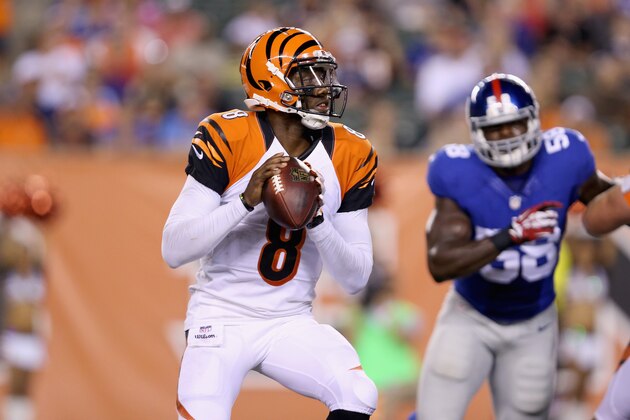 CINCINNATI, OH - AUGUST 14:  Josh Johnson #8 of the Cincinnati Bengals prepares to pass the ball against the  New York Giants during an preseason game at Paul Brown Stadium on August 14, 2015 in Cincinnati, Ohio.  (Photo by Andy Lyons/Getty Images)