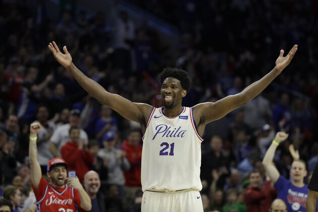 Philadelphia 76ers' Joel Embiid in action an NBA basketball game against the Brooklyn Nets, Friday, March 16, 2018, in Philadelphia. (AP Photo/Matt Slocum)