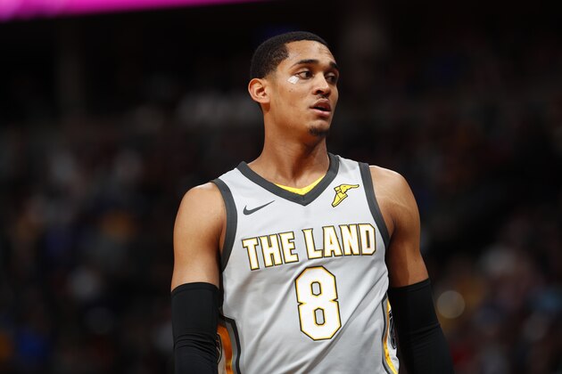 Cleveland Cavaliers guard Jordan Clarkson (8) in the second half of an NBA basketball game Wednesday, March 7, 2018, in Denver. The Cavaliers won 113-108. (AP Photo/David Zalubowski)