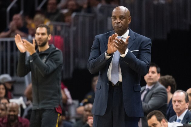 CLEVELAND, OH - MARCH 19: Interim head coach Larry Drew of the Cleveland Cavaliers celebrates his team during the first half against the Milwaukee Bucks at Quicken Loans Arena on March 19, 2018 in Cleveland, Ohio. NOTE TO USER: User expressly acknowledges and agrees that, by downloading and or using this photograph, User is consenting to the terms and conditions of the Getty Images License Agreement. (Photo by Jason Miller/Getty Images)