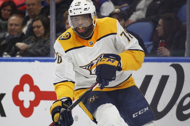 Nashville Predators defenseman P.K. Subban (76) skates during the third period of an NHL hockey game against the Buffalo Sabres, Monday, March 19, 2018, in Buffalo, N.Y. (AP Photo/Jeffrey T. Barnes)