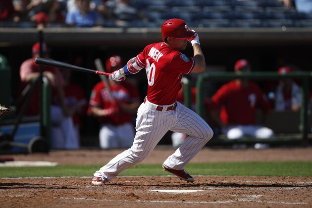 CLEARWATER, FL - FEBRUARY 22: Scott Kingery #80 of the Philadelphia Phillies makes some contact at the plate during the Spring Training game against the University of Tampa at Spectrum Field on February 22, 2018 in Milwaukee, Wisconsin. (Photo by Mike McGinnis/Getty Images)