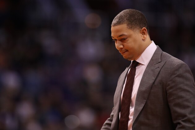 PHOENIX, AZ - MARCH 13:  Head coach Tyronn Lue of the Cleveland Cavaliers during the first half of the NBA game against the Phoenix Suns at Talking Stick Resort Arena on March 13, 2018 in Phoenix, Arizona.  The Cavaliers defeated the Suns 129-107  NOTE TO USER: User expressly acknowledges and agrees that, by downloading and or using this photograph, User is consenting to the terms and conditions of the Getty Images License Agreement.  (Photo by Christian Petersen/Getty Images)