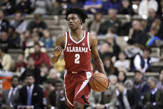 Alabama guard Collin Sexton plays against Vanderbilt in the first half of an NCAA college basketball game Tuesday, Jan. 2, 2018, in Nashville, Tenn. (AP Photo/Mark Humphrey)