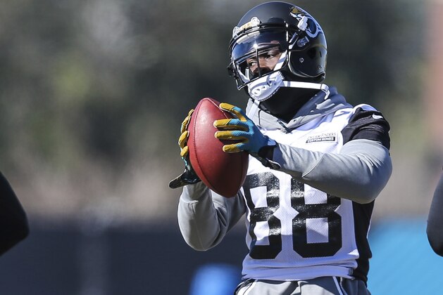 Jacksonville Jaguars wide receiver Allen Hurns (88) takes part in a drill during an NFL football practice in Jacksonville, Fla., Thursday, Jan. 18, 2018. (AP Photo/Gary McCullough)