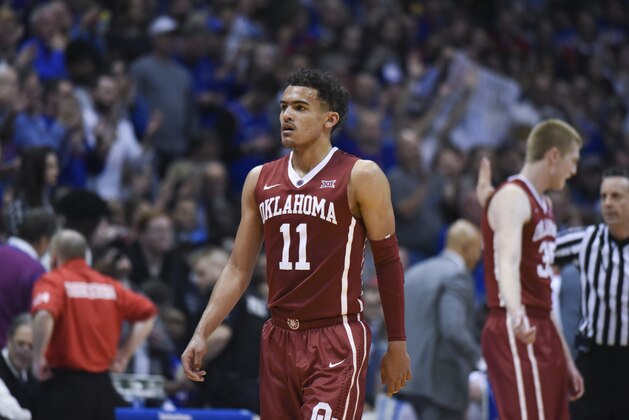 LAWRENCE, KS - FEBRUARY 19: Trae Young #11 of the Oklahoma Sooners walks off the court during a game against the Kansas Jayhawks at Allen Fieldhouse on February 19, 2018 in Lawrence, Kansas. (Photo by Ed Zurga/Getty Images)