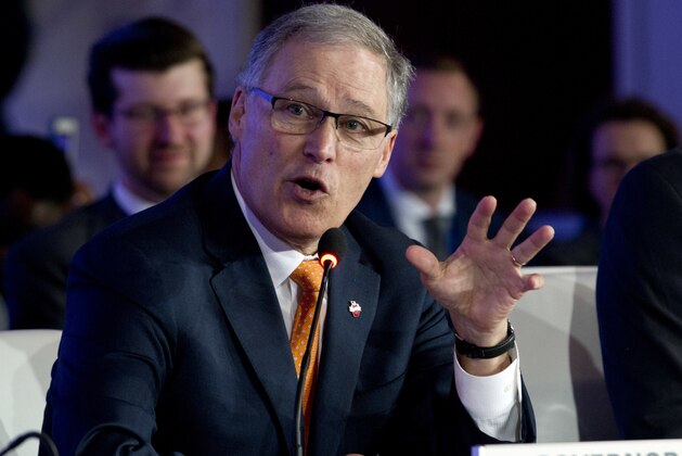 Washington Gov. Jay Inslee speaks at the panel Pathways to Prosperity during the National Governor Association 2018 winter meeting, on Sunday, Feb. 25, 2018, in Washington. (AP Photo/Jose Luis Magana)