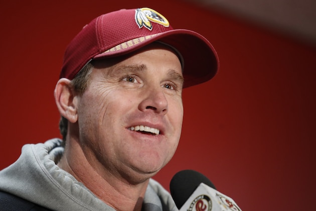 Washington Redskins head coach Jay Gruden answers questions during a post game press conference after an NFL football game against the Denver Broncos in Landover, Md., Sunday, Dec 24, 2017. The Redskins defeated the Broncos 27-11. (AP Photo/Alex Brandon)