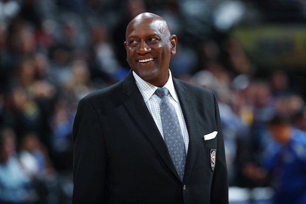 Retired Denver Nuggets great Spencer Haywood smiles during an awards ceremony before the second half of an NBA basketball game Thursday, Nov. 9, 2017, in Denver. The Nuggets won 102-94. (AP Photo/David Zalubowski)
