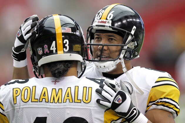 Pittsburgh Steelers strong safety Troy Polamalu (43) and Hines Ward (86) greet prior to an NFL football game against the Arizona Cardinals, Sunday, Oct. 23, 2011, in Glendale, Ariz. (AP Photo/Paul Connors) Pittsburgh Steelers strong safety Troy Polamalu (43) and Hines Ward (86) greet prior to an NFL football game against the Arizona Cardinals, Sunday, Oct. 23, 2011, in Glendale, Ariz. (AP Photo/Paul Connors)