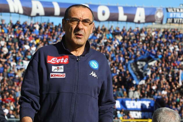 Napoli coach Maurizio Sarri walks on the pitch prior to the Serie A soccer match between Atalanta and Napoli at the Atleti Azzurri d'Italia stadium in Bergamo, Italy, Sunday, Jan. 21, 2018. (Paolo Magni/ANSA via AP)