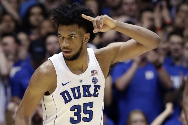Duke's Marvin Bagley III (35) reacts following a basket against Syracuse during the second half of an NCAA college basketball game in Durham, N.C., Saturday, Feb. 24, 2018. (AP Photo/Gerry Broome)