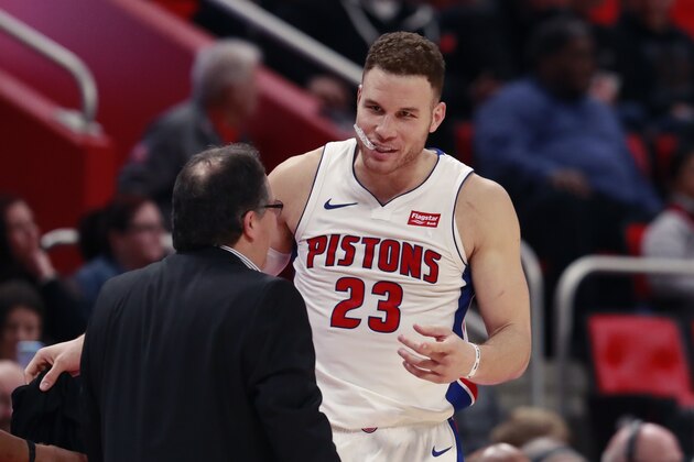 Detroit Pistons forward Blake Griffin (23) talks with head coach Stan Van Gundy during the second half of an NBA basketball game against the Portland Trail Blazers, Monday, Feb. 5, 2018, in Detroit. (AP Photo/Carlos Osorio)