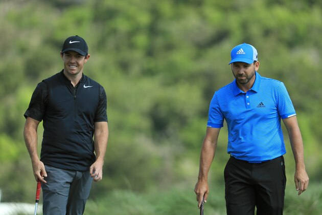 AUSTIN, TX - MARCH 21:  Rory McIlroy of Northern Ireland and Sergio Garcia of Spain in action during a practise round for the WGC Dell Match Play at Austin Country Club on March 21, 2017 in Austin, Texas.  (Photo by Richard Heathcote/Getty Images)