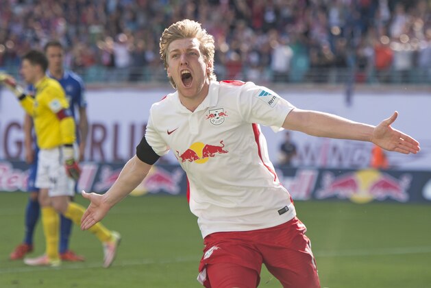 Leipzig's Emil Forsberg celebrates after scoring a goal during the German second division Bundesliga soccer match between RB Leipzig and Karlsruhe SC at the Red Bull Arena soccer stadium in Leipzig, Germany, Sunday, May 8, 2016. RB Leipzig can clinch the promotion to the German first division Bundesliga after this match. (AP Photo/Jens Meyer)
