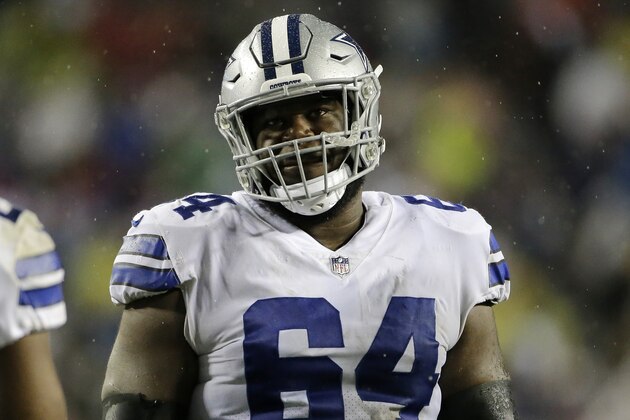 Dallas Cowboys offensive guard Jonathan Cooper stands on the field during an NFL football game against the Washington Redskins, Sunday, Oct. 29, 2017, in Landover, Md. (AP Photo/Mark Tenally)