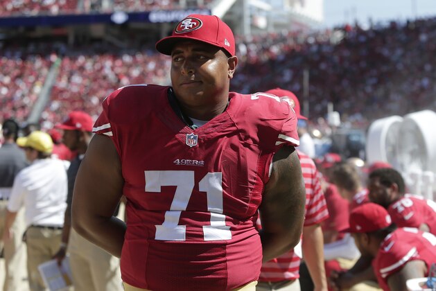 San Francisco 49ers tackle Jonathan Martin (71) stands on the sideline during the second half of an NFL preseason football game against the San Diego Chargers in Santa Clara, Calif., Sunday, Aug. 24, 2014. (AP Photo/Marcio Jose Sanchez)