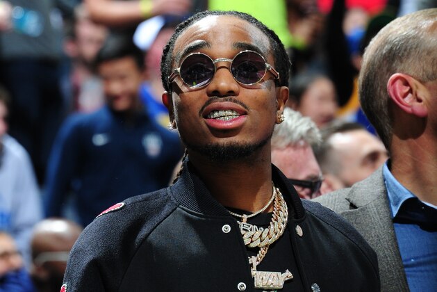 ATLANTA, GA - MARCH 2:  2018 All-Star Celebrity Game MVP Quavo attends the game between the Golden State Warriors and the Atlanta Hawks on March 2, 2018 at Philips Arena in Atlanta, Georgia.  NOTE TO USER: User expressly acknowledges and agrees that, by downloading and/or using this Photograph, user is consenting to the terms and conditions of the Getty Images License Agreement. Mandatory Copyright Notice: Copyright 2018 NBAE (Photo by Scott Cunningham/NBAE via Getty Images)