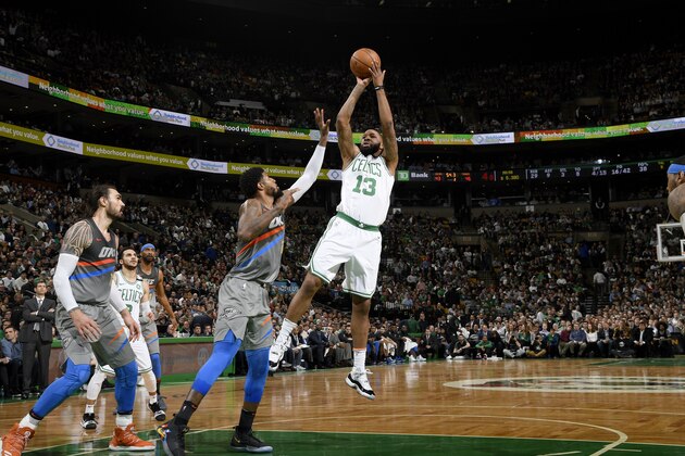 BOSTON, MA - MARCH 20: Marcus Morris #13 of the Boston Celtics shoots the ball against the Oklahoma City Thunder on March 20, 2018 at the TD Garden in Boston, Massachusetts. NOTE TO USER: User expressly acknowledges and agrees that, by downloading and or using this photograph, User is consenting to the terms and conditions of the Getty Images License Agreement. Mandatory Copyright Notice: Copyright 2018 NBAE (Photo by Brian Babineau/NBAE via Getty Images)