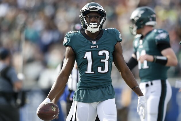 Philadelphia Eagles wide receiver Nelson Agholor warms up on the sideline during the first half of an NFL football game against the Los Angeles Rams Sunday, Dec. 10, 2017, in Los Angeles. (AP Photo/Kelvin Kuo)