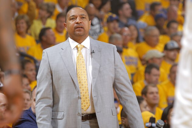 OAKLAND, CA - APRIL 24: Head Coach Mark Jackson of the Golden State Warriors during a game against the Los Angeles Clippers in Game Three of the Western Conference Quarterfinals during the 2014 NBA Playoffs at Oracle Arena on April 24, 2014 in Oakland, California. NOTE TO USER: User expressly acknowledges and agrees that, by downloading and/or using this Photograph, user is consenting to the terms and conditions of Getty Images License Agreement. Mandatory Copyright Notice: Copyright 2014 NBAE (Photo by Rocky Widner/NBAE via Getty Images)