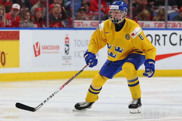 BUFFALO, NY - JANUARY 5: Rasmus Dahlin #8 of Sweden in play against Canada during the Gold medal game of the IIHF World Junior Championship at KeyBank Center on January 5, 2018 in Buffalo, New York. Canada beat Sweden 3-1. (Photo by Kevin Hoffman/Getty Images)