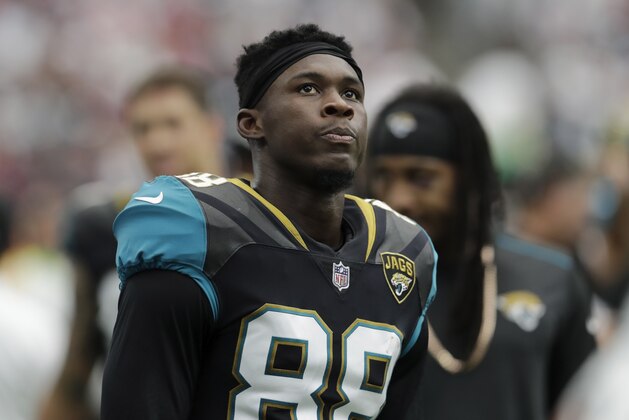 HOUSTON, TX - SEPTEMBER 10:  Allen Hurns #88 of the Jacksonville Jaguars watches from the sideline in the third quarter against the Houston Texans at NRG Stadium on September 10, 2017 in Houston, Texas.  (Photo by Tim Warner/Getty Images)