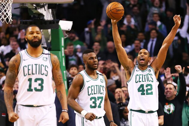 BOSTON, MA - MARCH 20: Marcus Morris #13, Semi Ojeleye and Al Horford #42 of the Boston Celtics celebrate after a victory over the Oklahoma City Thunder at TD Garden on March 20, 2018 in Boston, Massachusetts. NOTE TO USER: User expressly acknowledges and agrees that, by downloading and or using this photograph, User is consenting to the terms and conditions of the Getty Images License Agreement. (Photo by Adam Glanzman/Getty Images) BOSTON, MA - MARCH 20: Marcus Morris #13, Semi Ojeleye and Al Horford #42 of the Boston Celtics celebrate after a victory over the Oklahoma City Thunder at TD Garden on March 20, 2018 in Boston, Massachusetts. NOTE TO USER: User expressly acknowledges and agrees that, by downloading and or using this photograph, User is consenting to the terms and conditions of the Getty Images License Agreement. (Photo by Adam Glanzman/Getty Images)