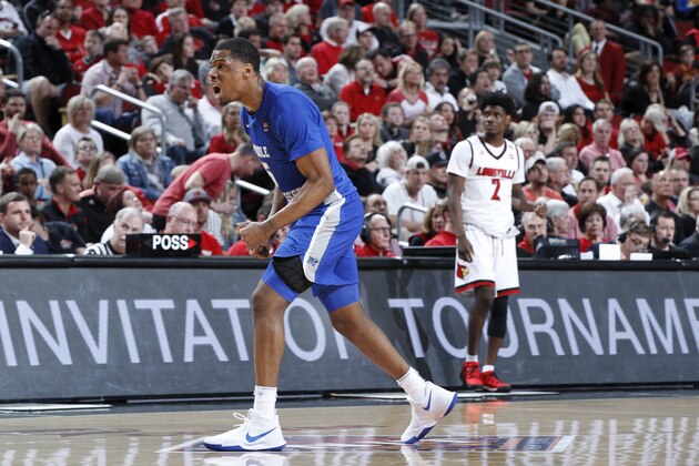 LOUISVILLE, KY - MARCH 18: Nick King #5 of the Middle Tennessee Blue Raiders reacts against the Louisville Cardinals during the second round of the 2018 NIT Men's Basketball Tournament at KFC Yum! Center on March 18, 2018 in Louisville, Kentucky. Louisville won 84-68. (Photo by Joe Robbins/Getty Images)