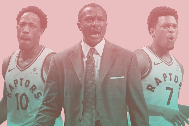 TORONTO, ON - MARCH 9:  Kyle Lowry #7 of the Toronto Raptors high fives DeMar DeRozan #10 and Pascal Siakam #43 during the second half of an NBA game against the Houston Rockets at Air Canada Centre on March 9, 2018 in Toronto, Canada.  NOTE TO USER: User expressly acknowledges and agrees that, by downloading and or using this photograph, User is consenting to the terms and conditions of the Getty Images License Agreement.  (Photo by Vaughn Ridley/Getty Images)