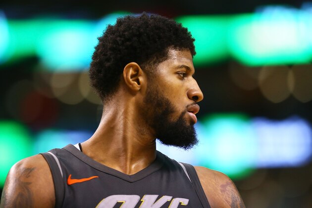 BOSTON, MA - MARCH 20:  Paul George #13 of the Oklahoma City Thunder looks on during a game against the Boston Celtics at TD Garden on March 20, 2018 in Boston, Massachusetts. NOTE TO USER: User expressly acknowledges and agrees that, by downloading and or using this photograph, User is consenting to the terms and conditions of the Getty Images License Agreement. (Photo by Adam Glanzman/Getty Images)