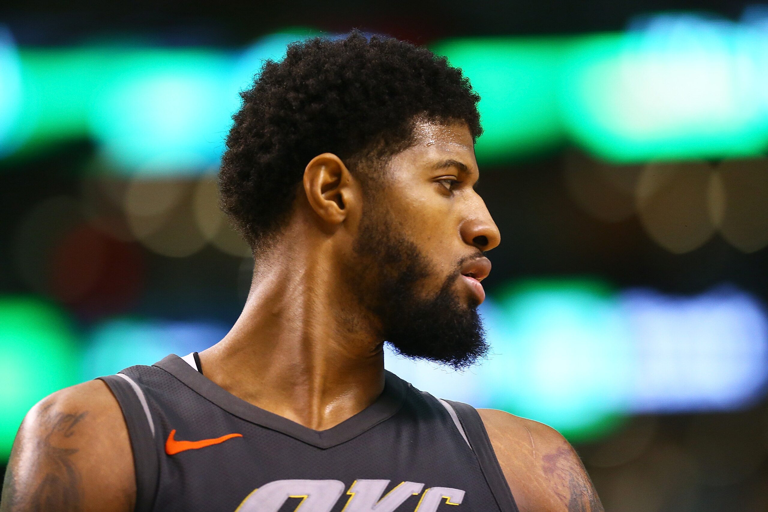 BOSTON, MA - MARCH 20:  Paul George #13 of the Oklahoma City Thunder looks on during a game against the Boston Celtics at TD Garden on March 20, 2018 in Boston, Massachusetts. NOTE TO USER: User expressly acknowledges and agrees that, by downloading and or using this photograph, User is consenting to the terms and conditions of the Getty Images License Agreement. (Photo by Adam Glanzman/Getty Images)