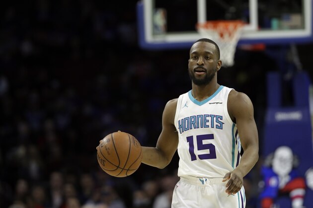 Charlotte Hornets' Kemba Walker in action during an NBA basketball game against the Philadelphia 76ers, Monday, March 19, 2018, in Philadelphia. (AP Photo/Matt Slocum)