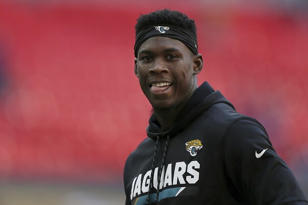 Jacksonville Jaguars wide receiver Allen Hurns smiles during a warm-up before an NFL football game between the Jaguars and the Baltimore Ravens at Wembley Stadium in London, Sunday Sept. 24, 2017. (AP Photo/Tim Ireland)