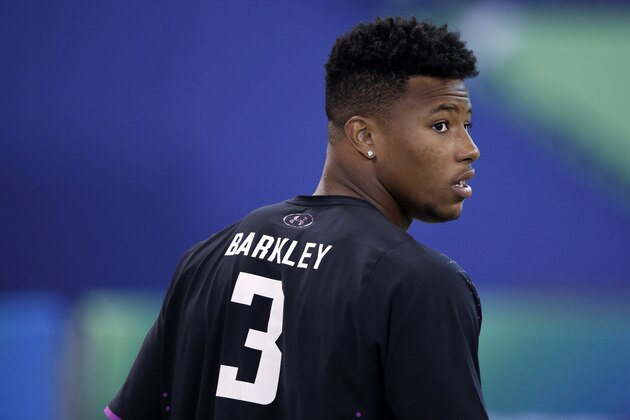 INDIANAPOLIS, IN - MARCH 02: Penn State running back Saquon Barkley looks on during the 2018 NFL Combine at Lucas Oil Stadium on March 2, 2018 in Indianapolis, Indiana. (Photo by Joe Robbins/Getty Images)