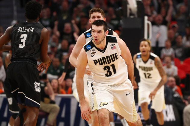 DETROIT, MI - MARCH 18:  Dakota Mathias #31 of the Purdue Boilermakers reacts during the second half against the Butler Bulldogs in the second round of the 2018 NCAA Men's Basketball Tournament at Little Caesars Arena on March 18, 2018 in Detroit, Michigan.  (Photo by Gregory Shamus/Getty Images)