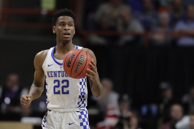 Kentucky guard Shai Gilgeous-Alexander moves the ball against Davidson during a first-round game in the NCAA men's college basketball tournament Thursday, March 15, 2018, in Boise, Idaho. Kentucky won 78-73. (AP Photo/Ted S. Warren)