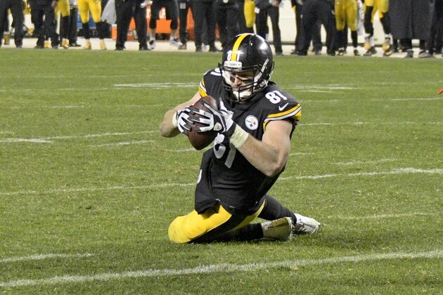 Pittsburgh Steelers tight end Jesse James (81) catches a pass then twists to stretch the ball into the end zone for a touchdown against the New England Patriots with seconds remaining in the fourth quarter of an NFL football game in Pittsburgh, Sunday, Dec. 17, 2017. Upon video review, the touchdown call was reversed and the pass was ruled incomplete. The Patriots held on to win 27-24. (AP Photo/Don Wright)