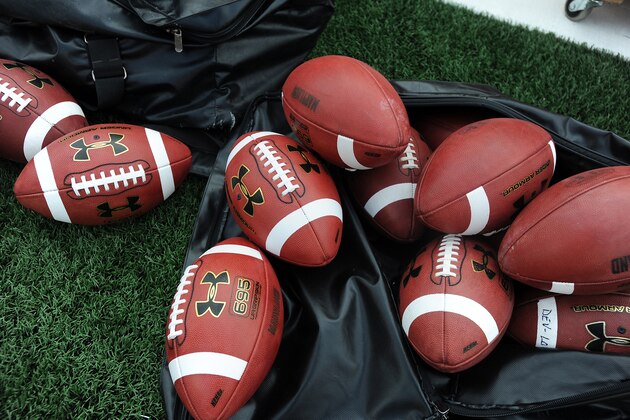 COLLEGE PARK, MD - OCTOBER 20: A bag of footballs on the sideline during the game between the Maryland Terrapins and the North Carolina State Wolfpack at Byrd Stadium on October 20, 2012 in College Park, Maryland. (Photo by G Fiume/Maryland Terrapins/Getty Images)