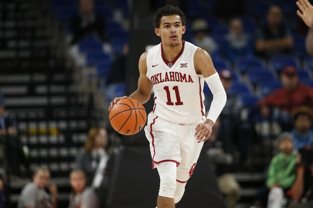 Oklahoma's Trae Young (5) during an NCAA college basketball game during the Phil Knight Invitational tournament in Portland, Ore., Friday, Nov. 24, 2017. (AP Photo/Timothy J. Gonzalez)