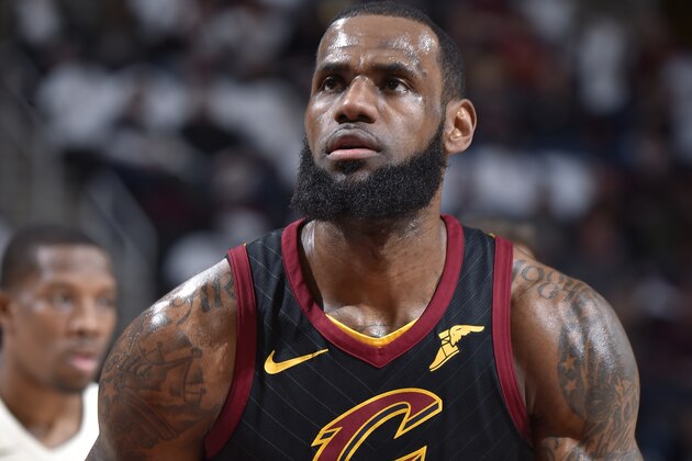 CLEVELAND, OH - MARCH 19:  LeBron James #23 of the Cleveland Cavaliers handles the ball against the Milwaukee Bucks on March 19, 2018 at Quicken Loans Arena in Cleveland, Ohio.  NOTE TO USER: User expressly acknowledges and agrees that, by downloading and or using this Photograph, user is consenting to the terms and conditions of the Getty Images License Agreement. Mandatory Copyright Notice: Copyright 2018 NBAE (Photo by David Liam Kyle/NBAE via Getty Images)