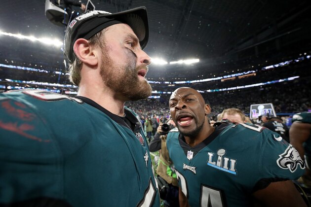 MINNEAPOLIS, MN - FEBRUARY 04:  Chris Long #56 of the Philadelphia Eagles celebrates with Corey Graham #24 after defeating the New England Patriots 41-33 in Super Bowl LII at U.S. Bank Stadium on February 4, 2018 in Minneapolis, Minnesota.  (Photo by Patrick Smith/Getty Images)