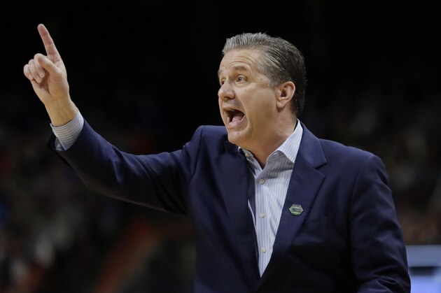 Kentucky head coach John Calipari calls to his team during the first half of a second-round game against Buffalo in the NCAA men's college basketball tournament Saturday, March 17, 2018, in Boise, Idaho. (AP Photo/Ted S. Warren)
