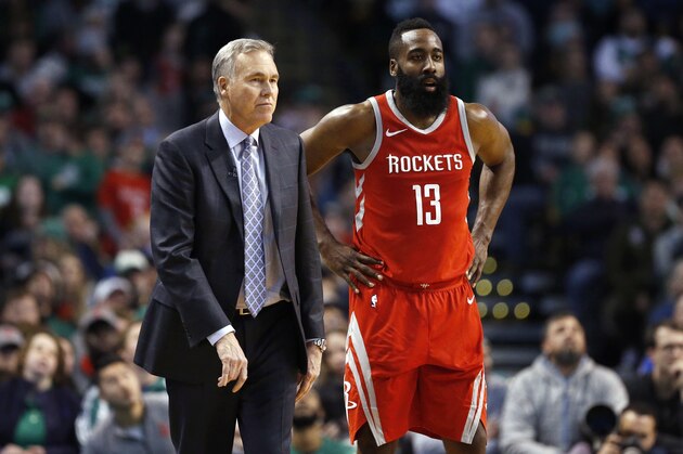 Houston Rockets head coach Mike D'Antoni stands with James Harden (13) during the third quarter of an NBA basketball game against the Boston Celtics in Boston, Thursday, Dec. 28, 2017. The Celtics won 99-98. (AP Photo/Michael Dwyer)
