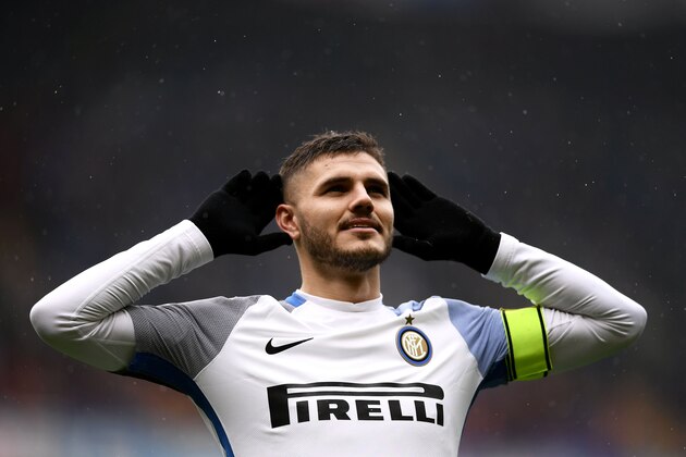 Inter Milan's forward Mauro Icardi from Argentina celebrates after scoring during the Italian Serie A football match Sampdoria Vs Inter Milan on March 18, 2018 at the 'Luigi Ferraris' stadium in Genoa. / AFP PHOTO / MARCO BERTORELLO        (Photo credit should read MARCO BERTORELLO/AFP/Getty Images)